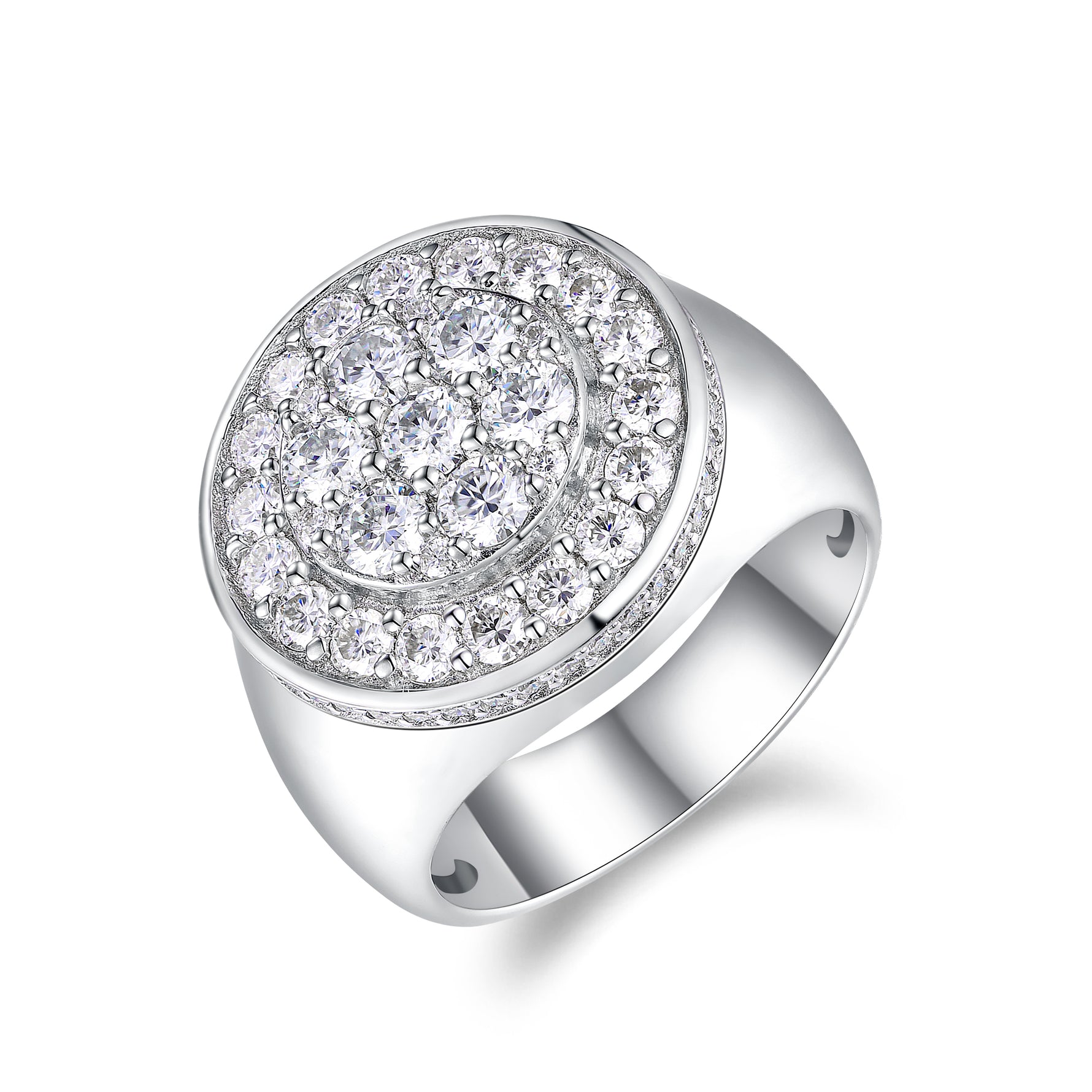 CARISSIE cushion moissanite halo ring, angled view highlighting the concentric stone arrangement and polished silver-tone band