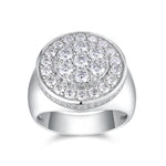 CARISSIE men's statement ring, top-down perspective showing the full pavé cluster of brilliant-cut stones on a wide shank