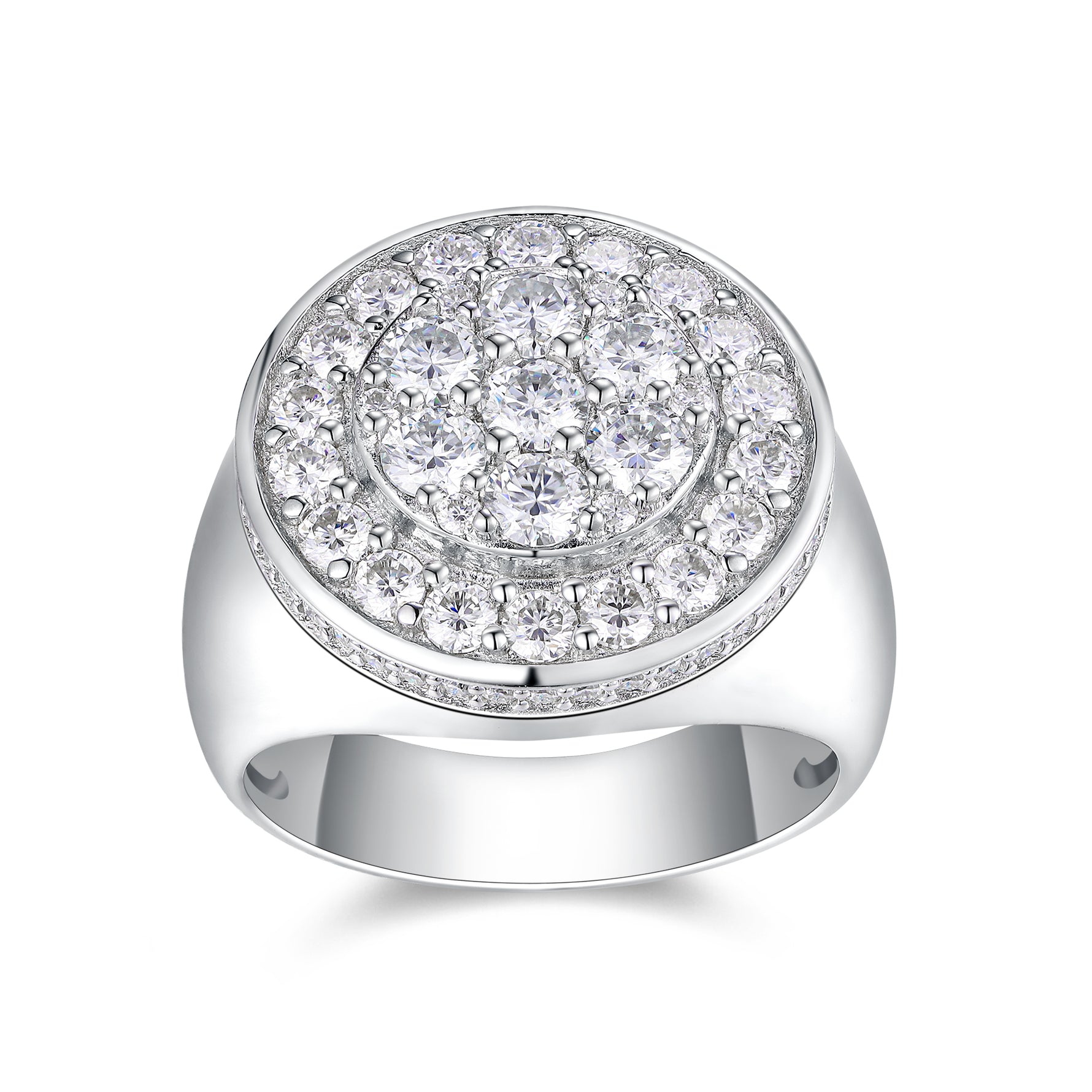 CARISSIE men's statement ring, top-down perspective showing the full pavé cluster of brilliant-cut stones on a wide shank