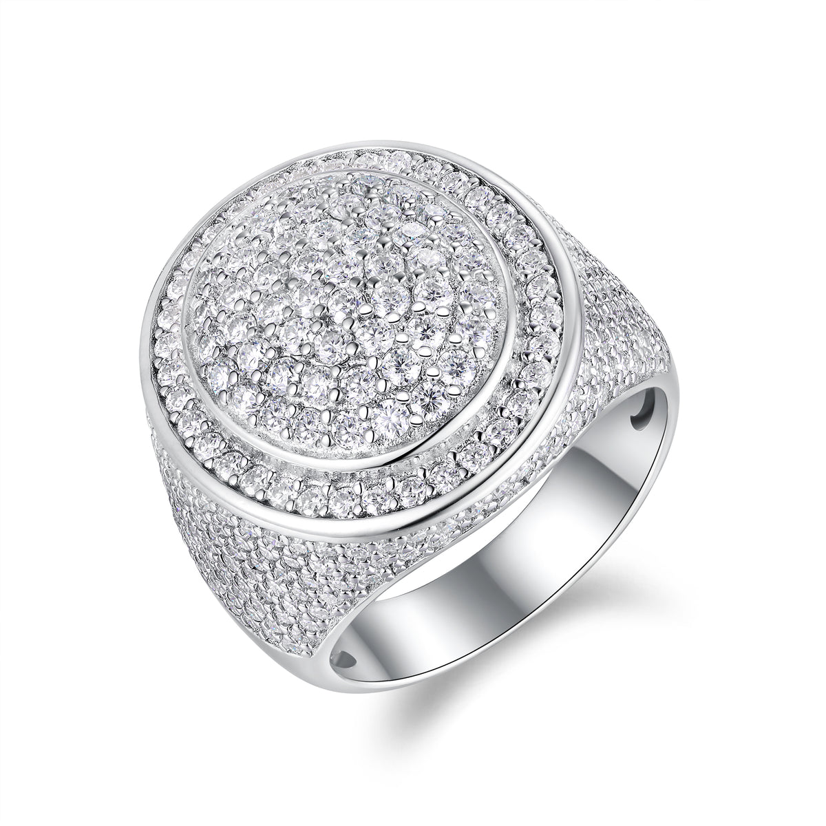 CARISSIE round moissanite pavé ring, angled view showing concentric tiers of stones and smooth silver-tone metal rim