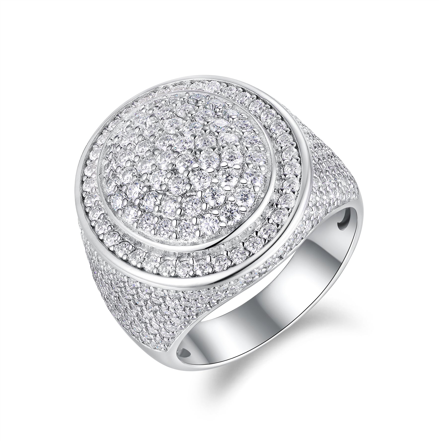 CARISSIE round moissanite pavé ring, angled view showing concentric tiers of stones and smooth silver-tone metal rim