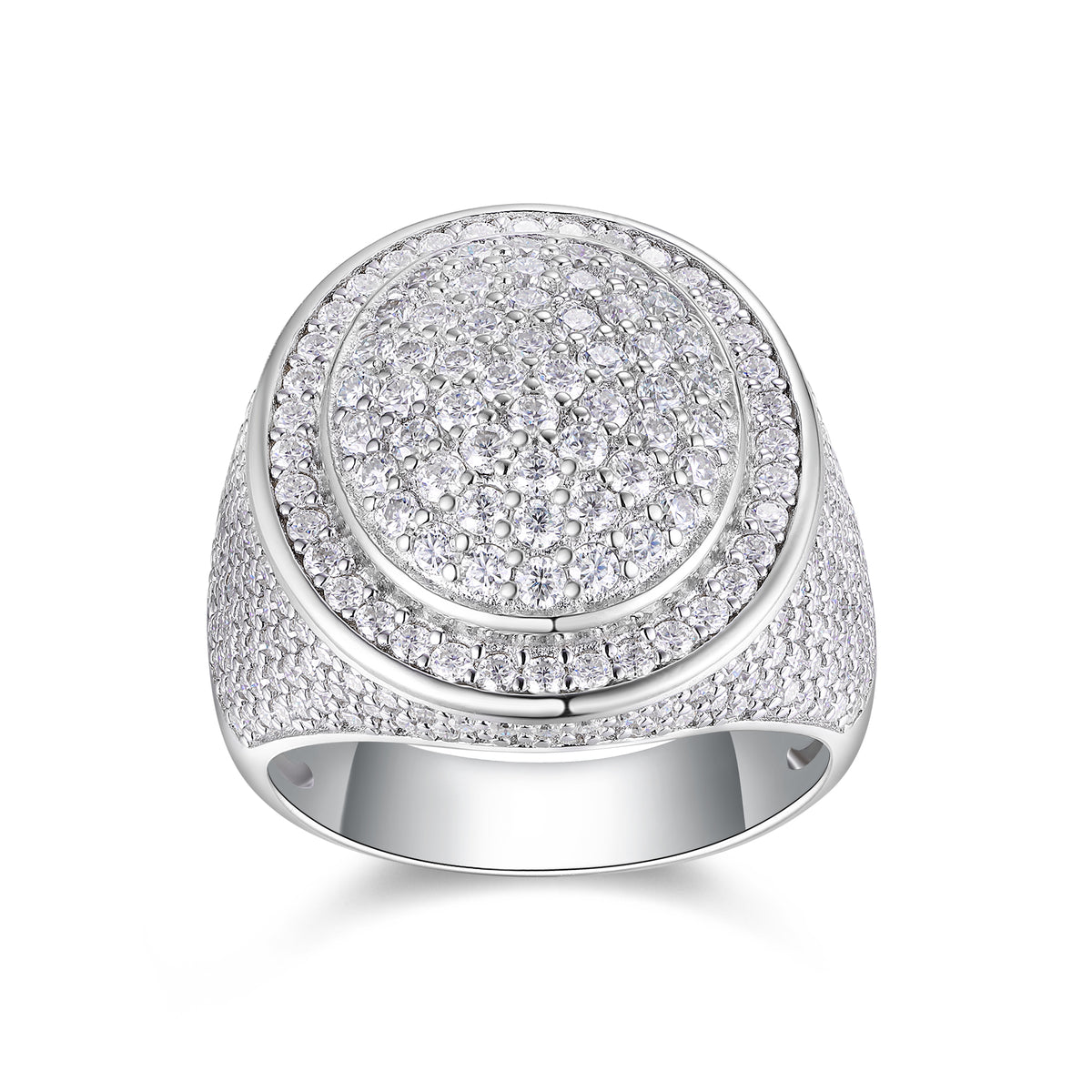 CARISSIE round moissanite statement ring, front view displaying fully iced circular face with dense brilliant-cut stone setting