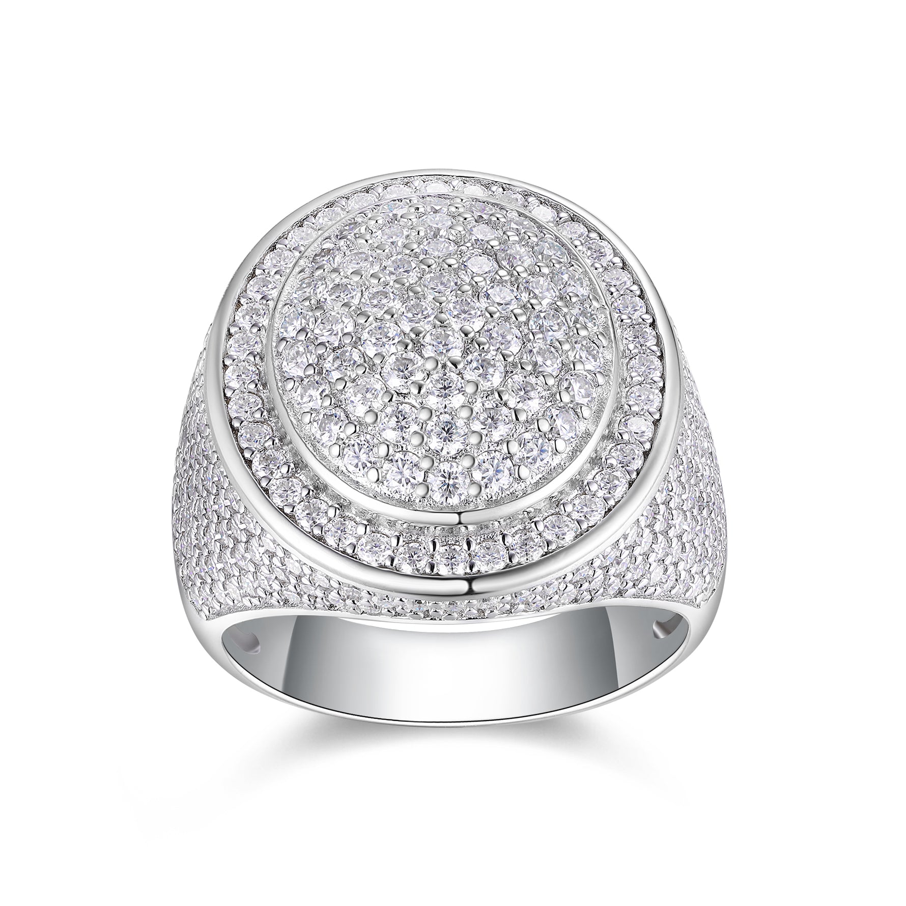 CARISSIE round moissanite statement ring, front view displaying fully iced circular face with dense brilliant-cut stone setting