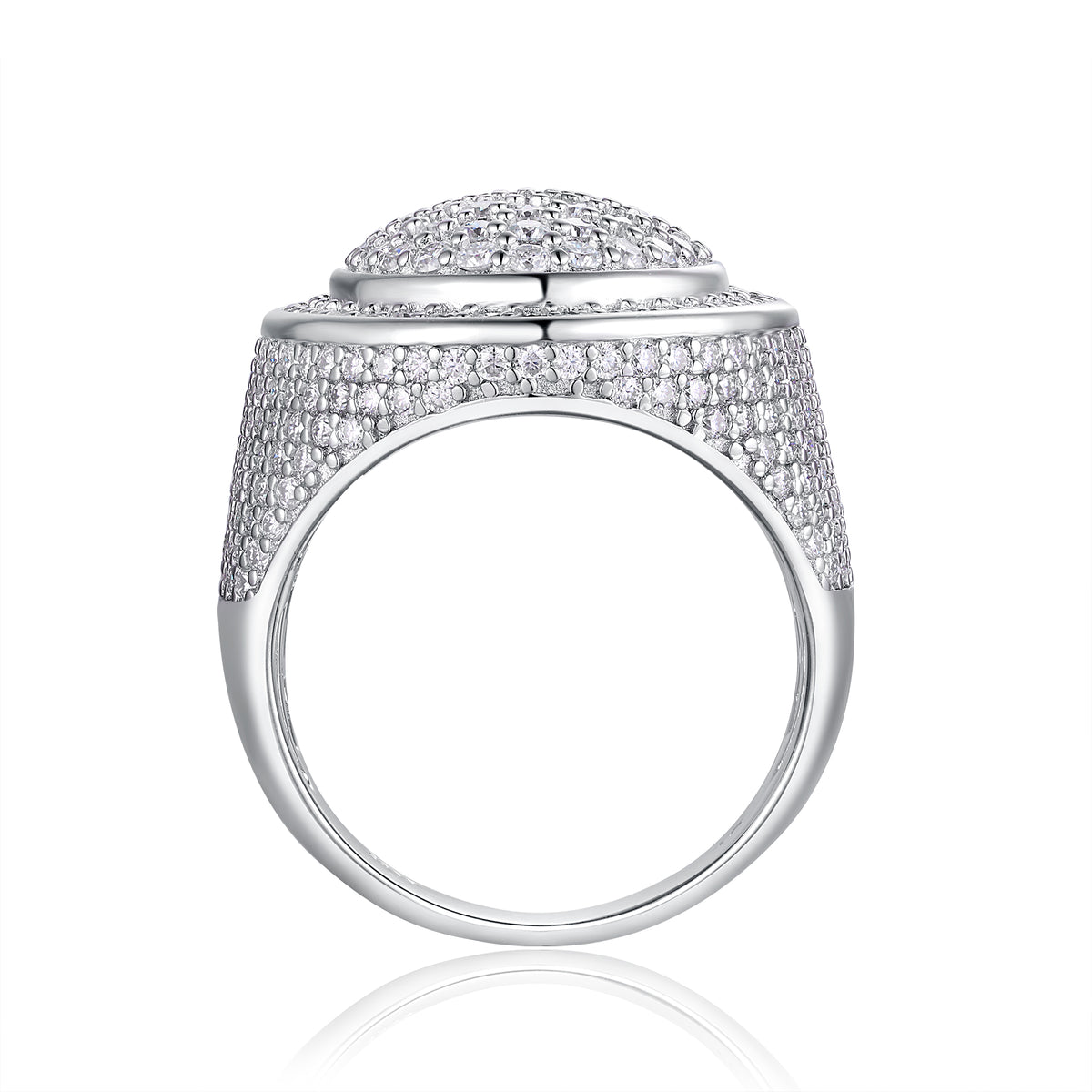 CARISSIE round moissanite signet ring, side profile revealing domed top and pavé-set band extending to the shank