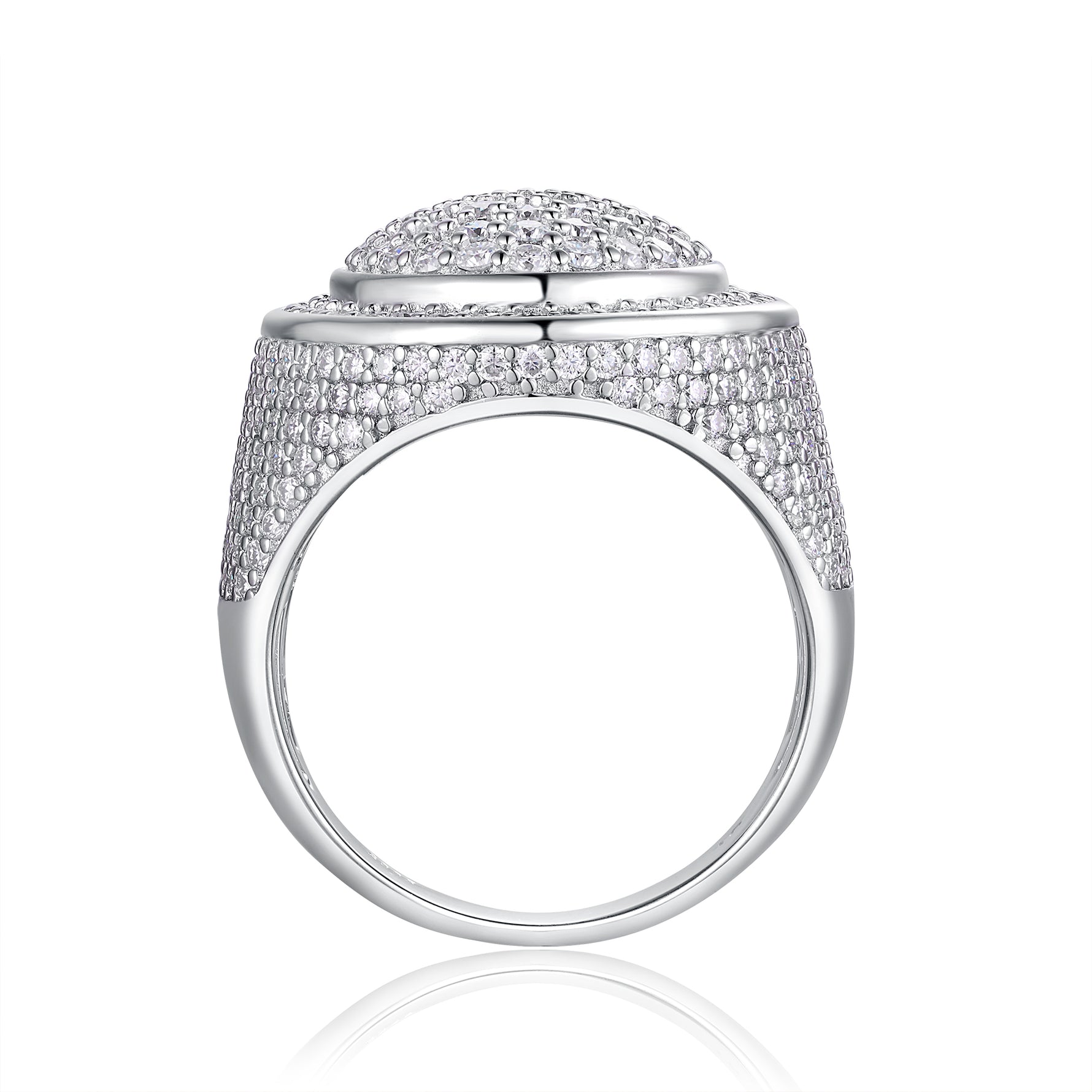 CARISSIE round moissanite signet ring, side profile revealing domed top and pavé-set band extending to the shank