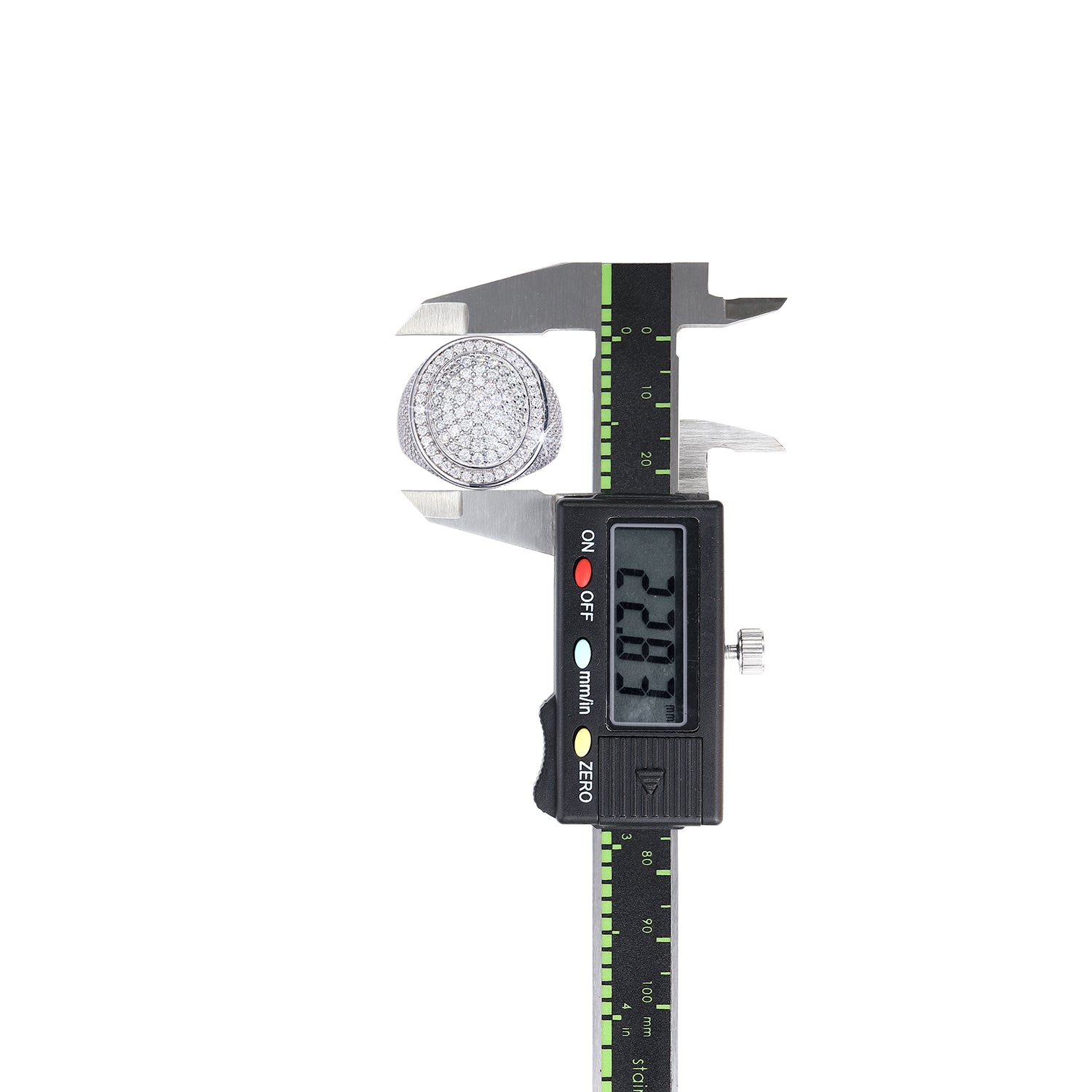 CARISSIE round moissanite pavé ring measured by digital caliper, showing precise dimensions of the large statement piece