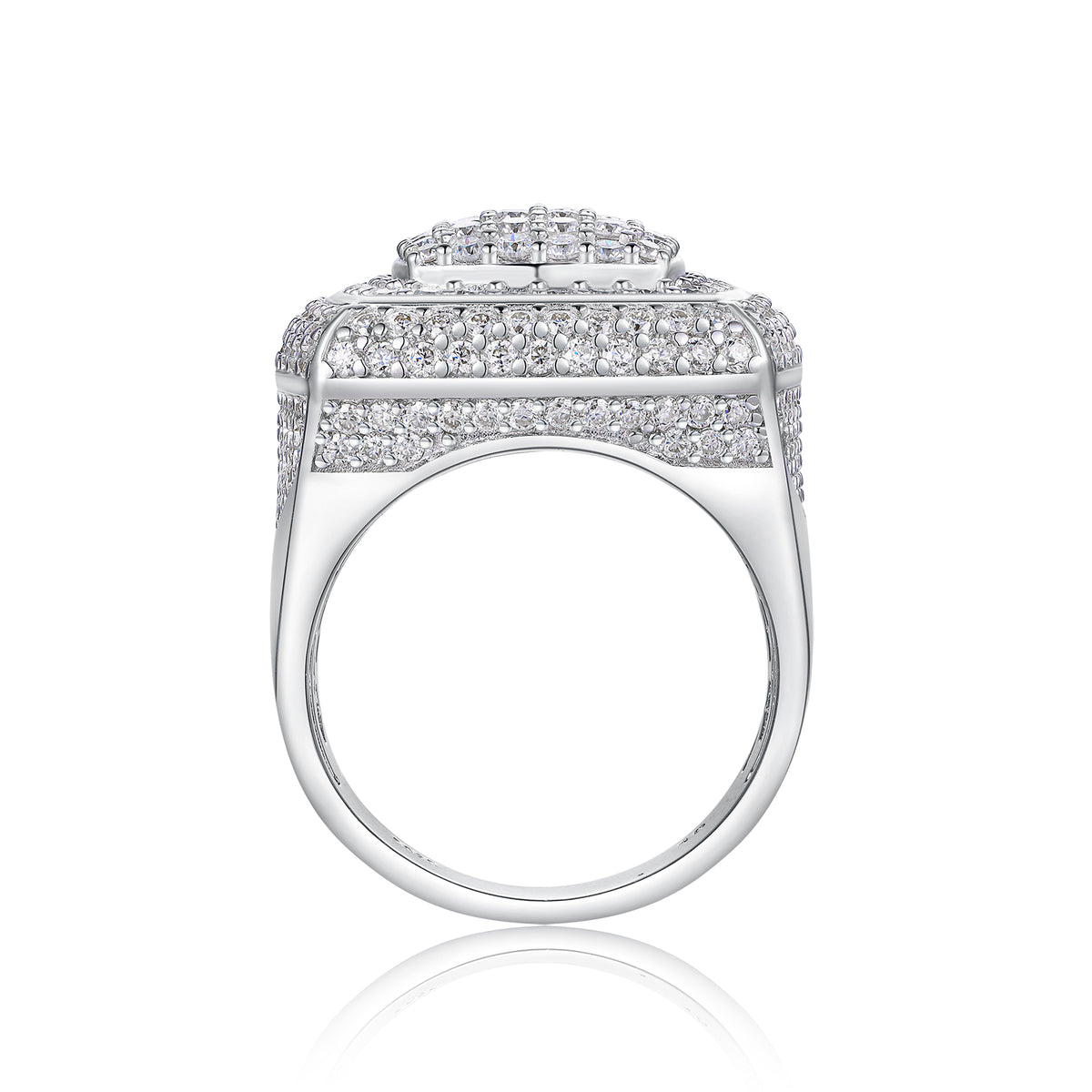 CARISSIE round moissanite statement ring, side profile highlighting the wide smooth band and height of the stone cluster