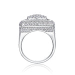 CARISSIE round moissanite statement ring, side profile highlighting the wide smooth band and height of the stone cluster
