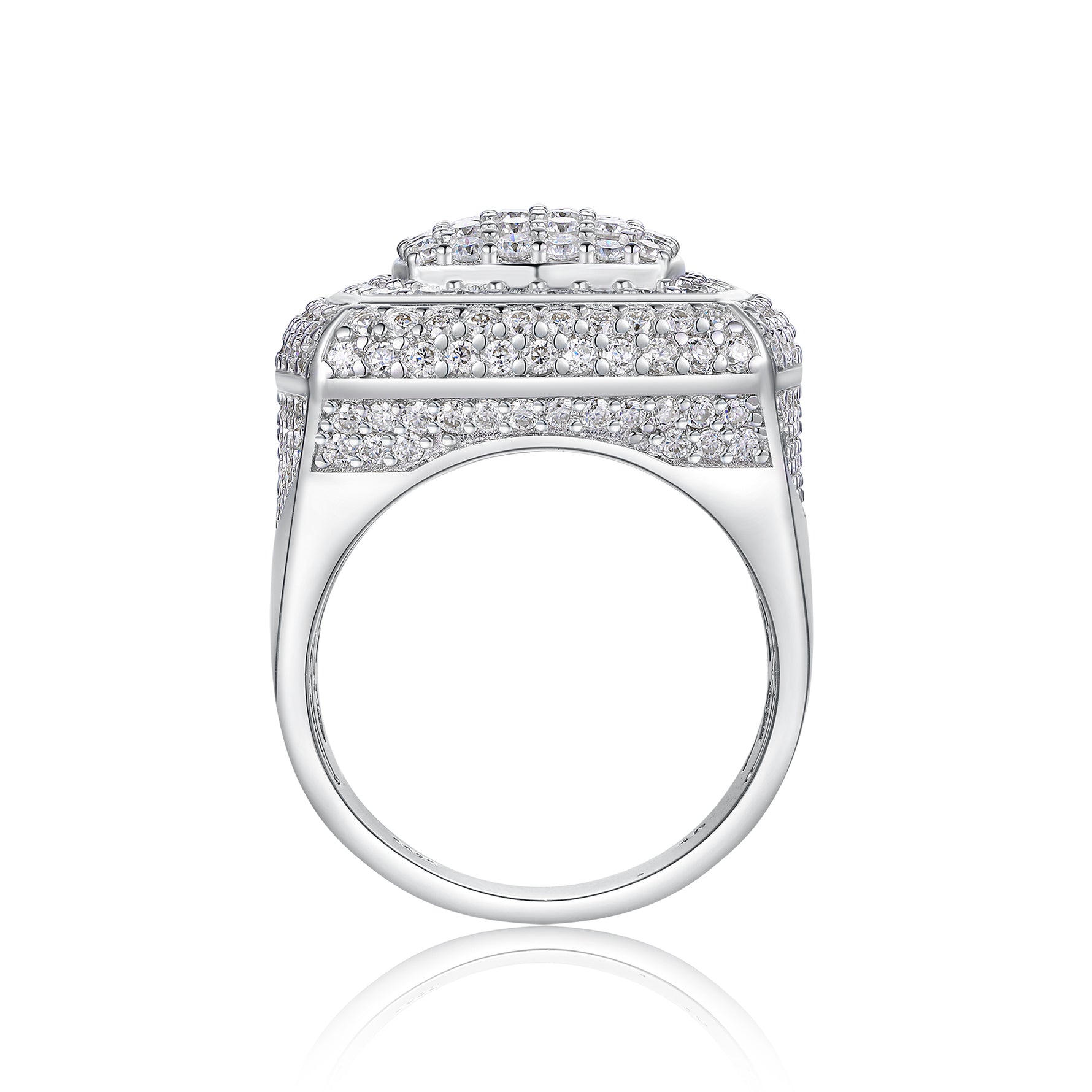 CARISSIE round moissanite statement ring, side profile highlighting the wide smooth band and height of the stone cluster