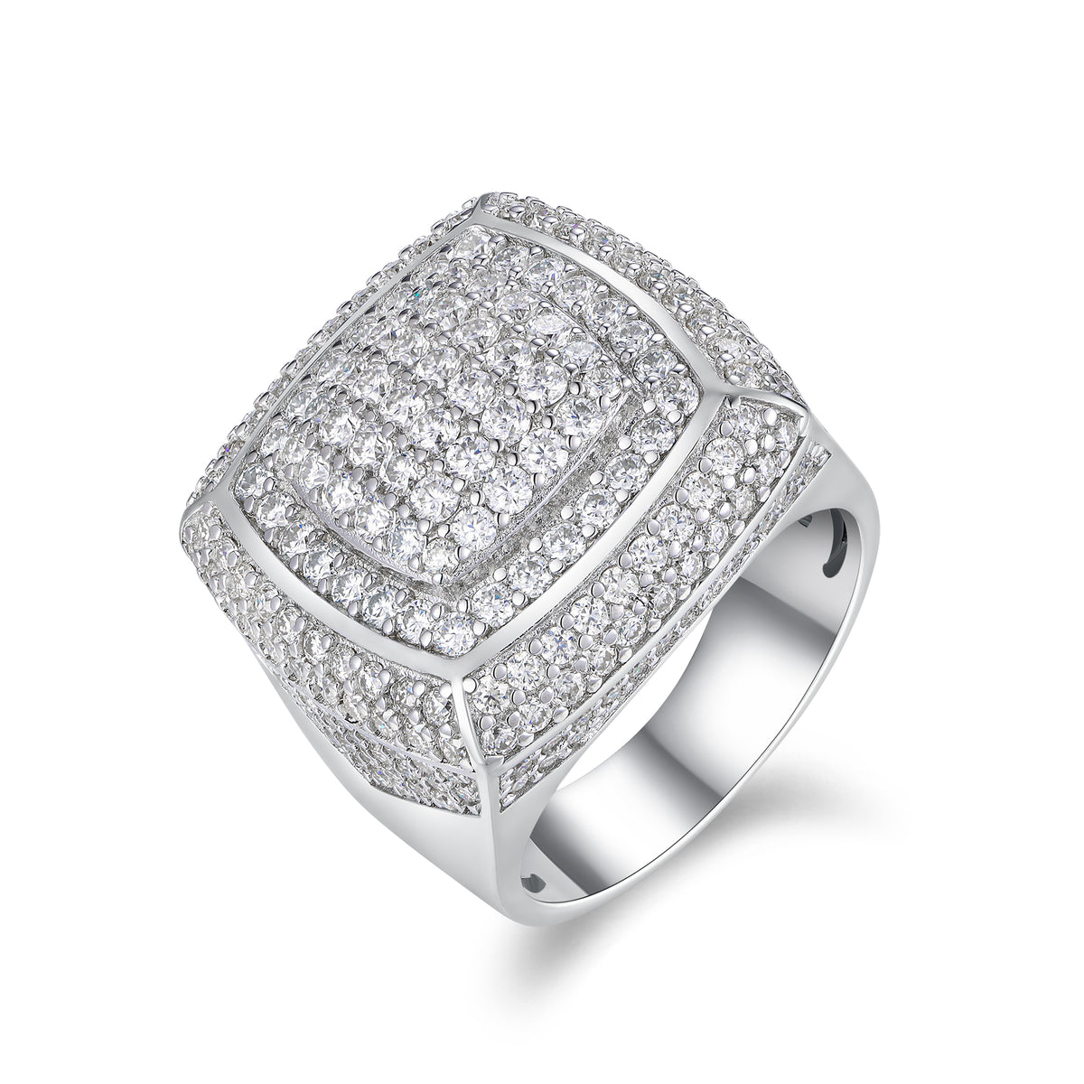 CARISSIE round moissanite statement ring, angled view showing multi-tiered cushion face and pavé-set stones in white metal
