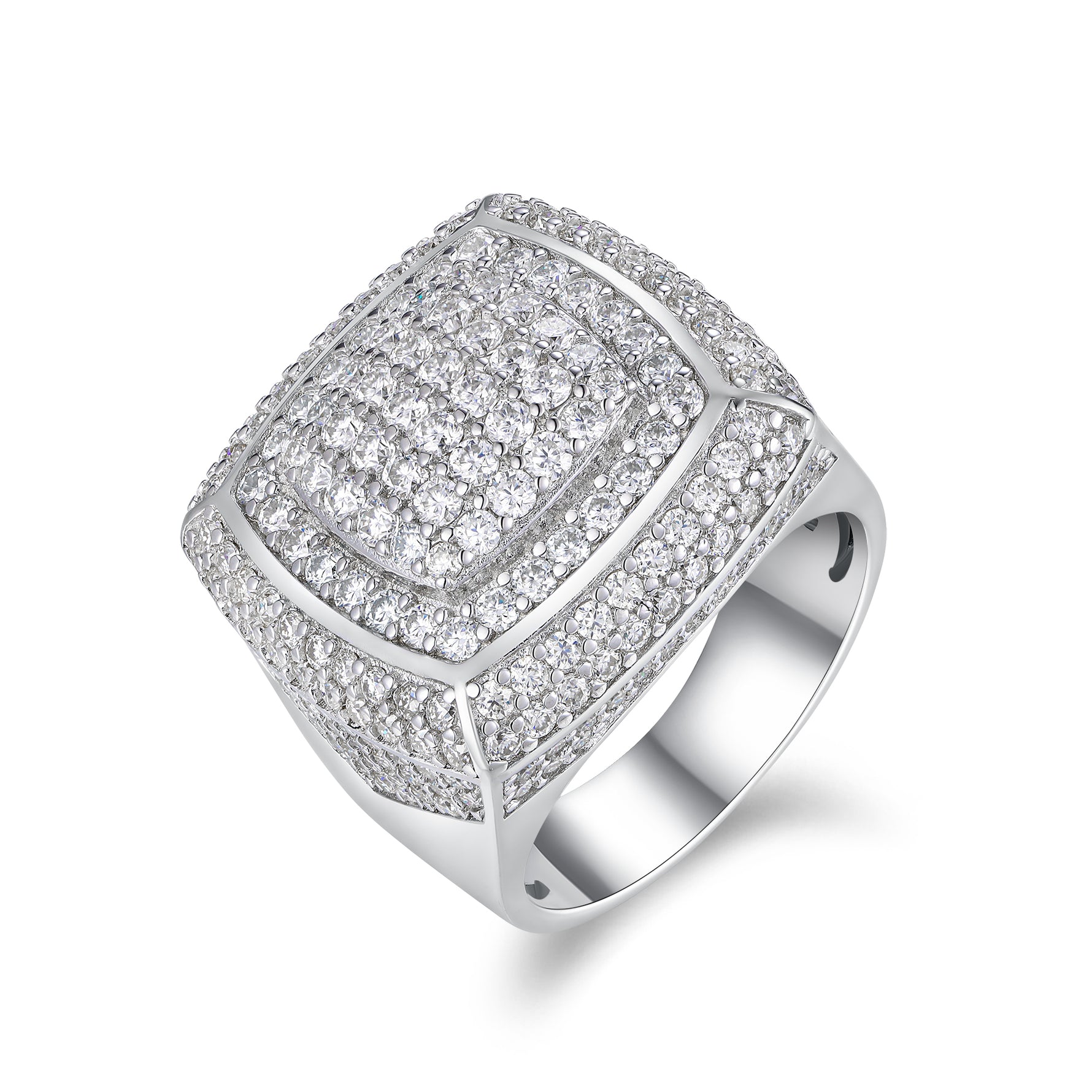 CARISSIE round moissanite statement ring, angled view showing multi-tiered cushion face and pavé-set stones in white metal