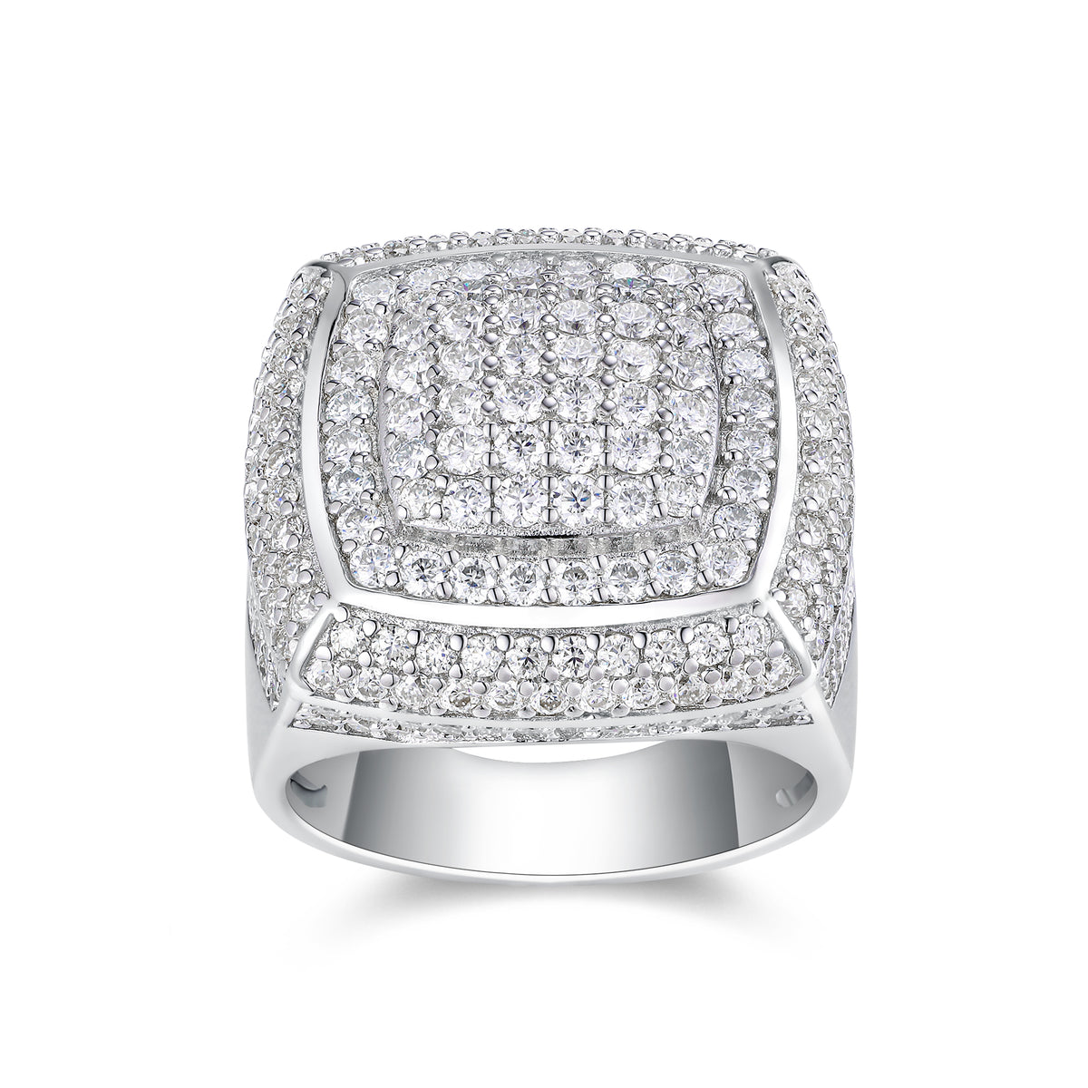 CARISSIE round moissanite statement ring, front view displaying geometric stepped tiers separated by polished metal rails