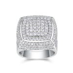 CARISSIE round moissanite statement ring, front view displaying geometric stepped tiers separated by polished metal rails