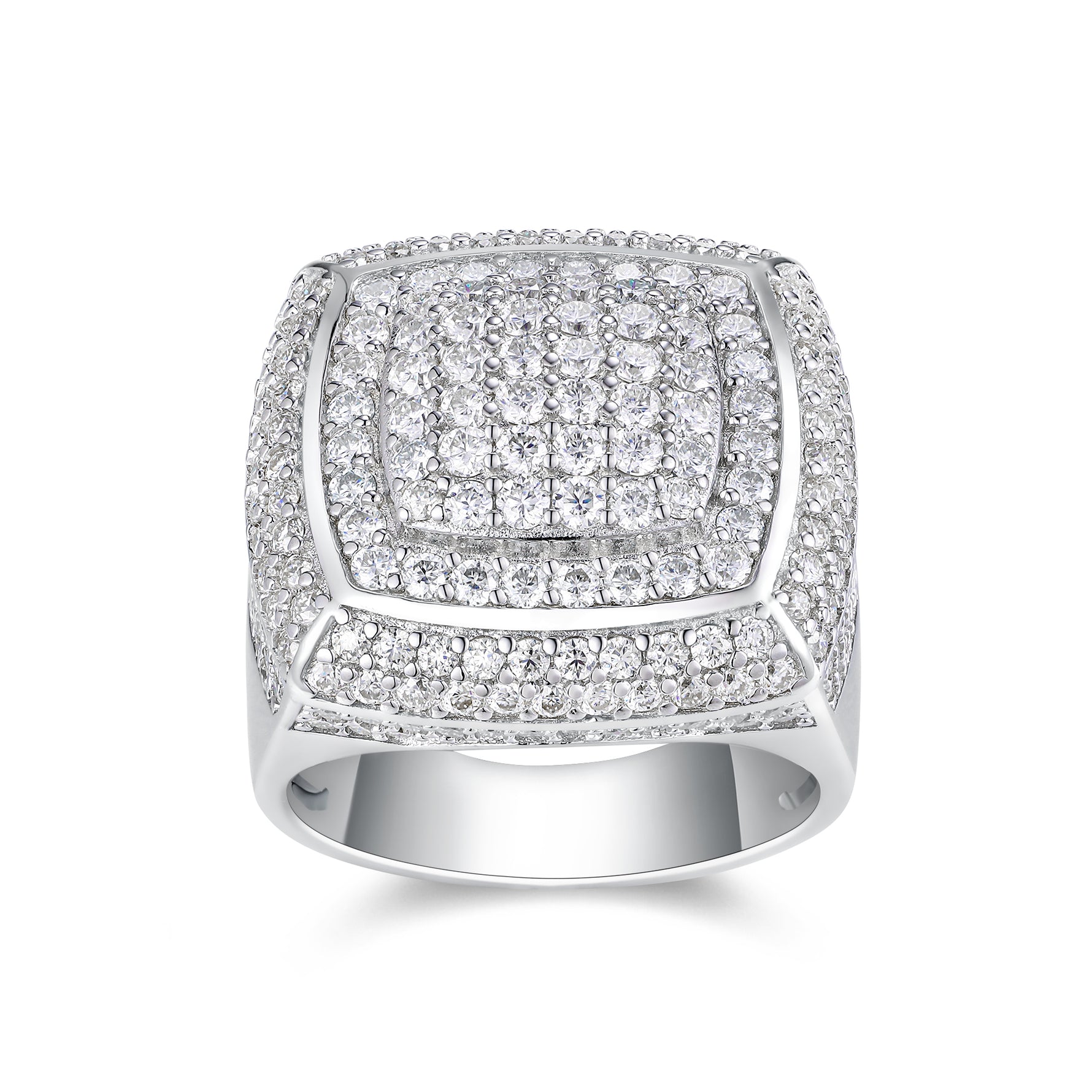 CARISSIE round moissanite statement ring, front view displaying geometric stepped tiers separated by polished metal rails