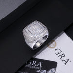 CARISSIE round moissanite statement ring resting on a black box with GRA certificate, emphasizing premium packaging and quality
