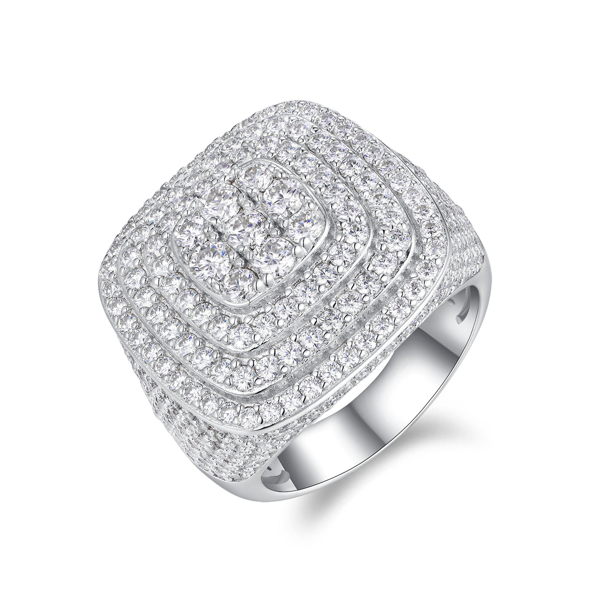 CARISSIE cushion moissanite statement ring, angled view highlighting concentric halo tiers and pavé-set band