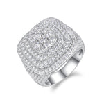 CARISSIE cushion moissanite statement ring, angled view highlighting concentric halo tiers and pavé-set band