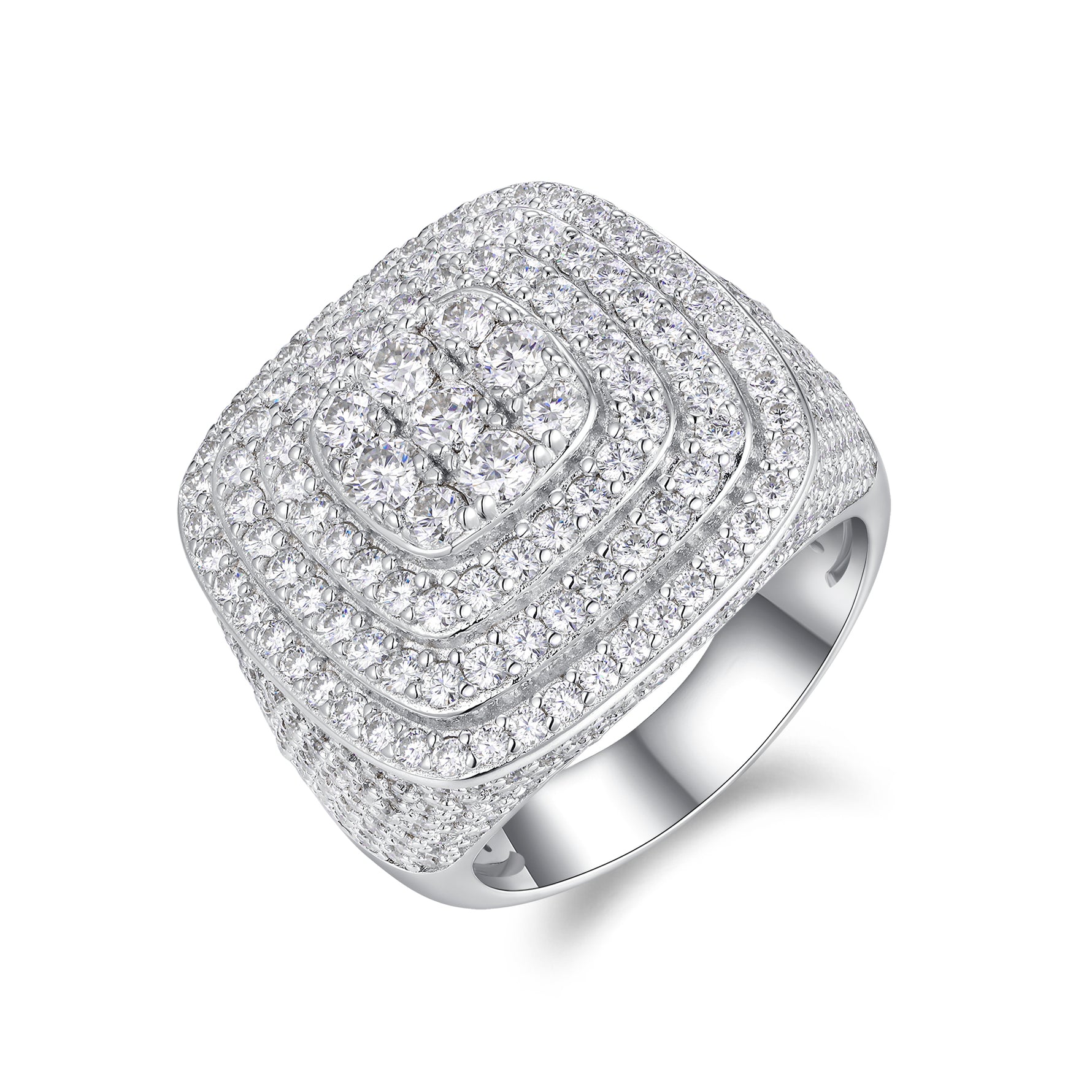 CARISSIE cushion moissanite statement ring, angled view highlighting concentric halo tiers and pavé-set band