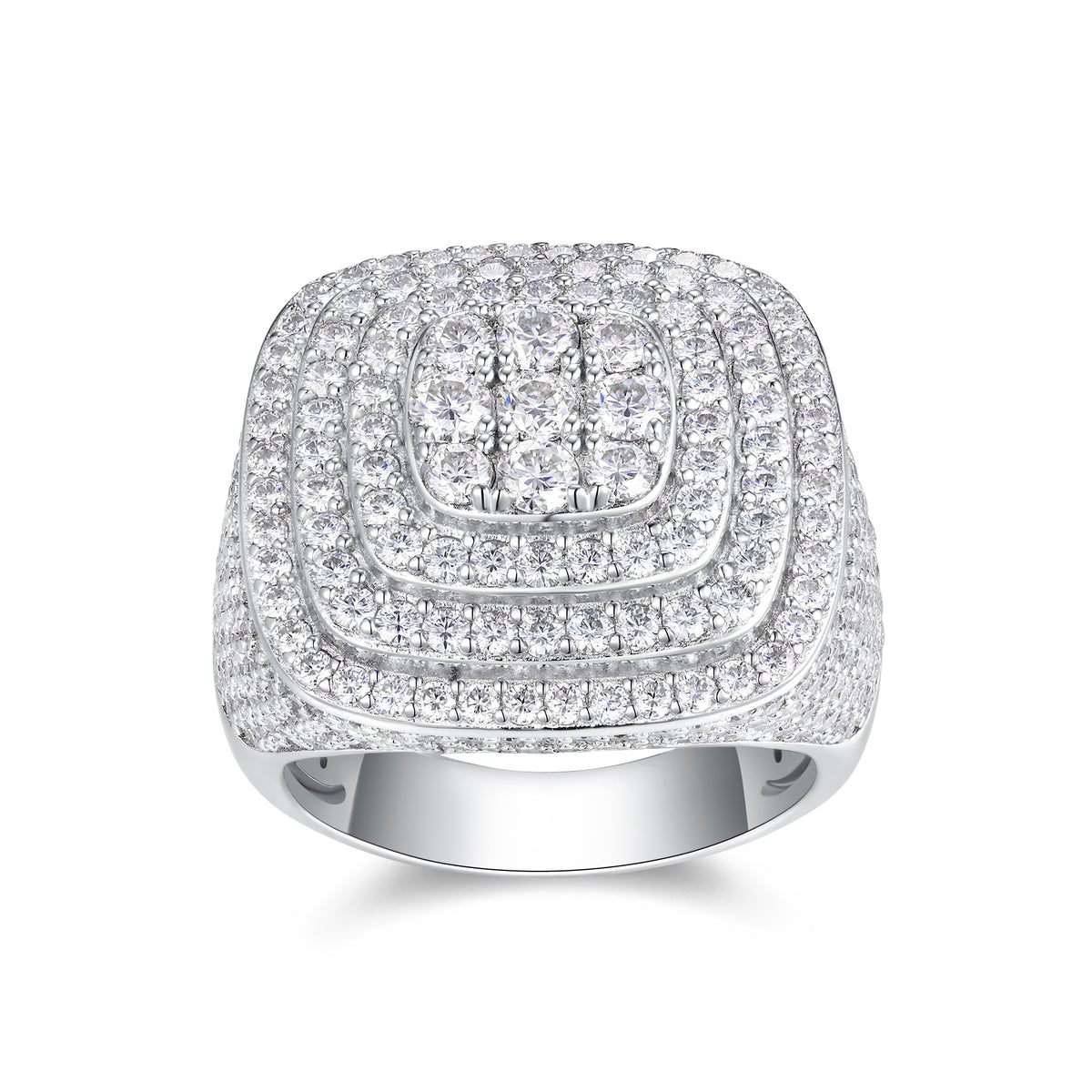 CARISSIE cushion moissanite statement ring, direct front view showing the full square face and tiered stone layout