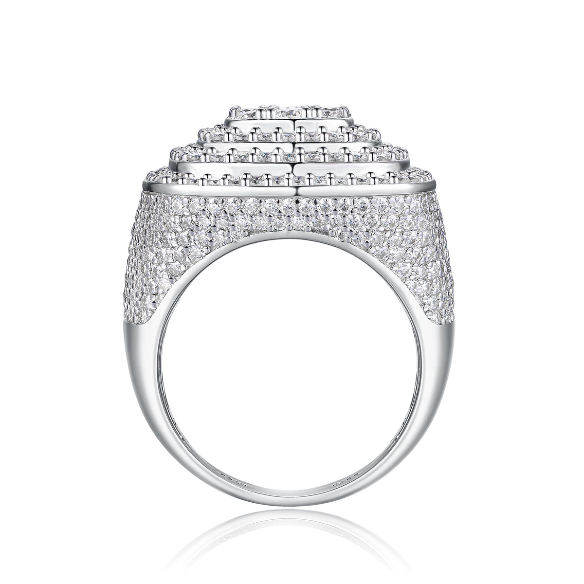 CARISSIE cushion moissanite statement ring, side profile revealing the stepped gallery and smooth white gold shank