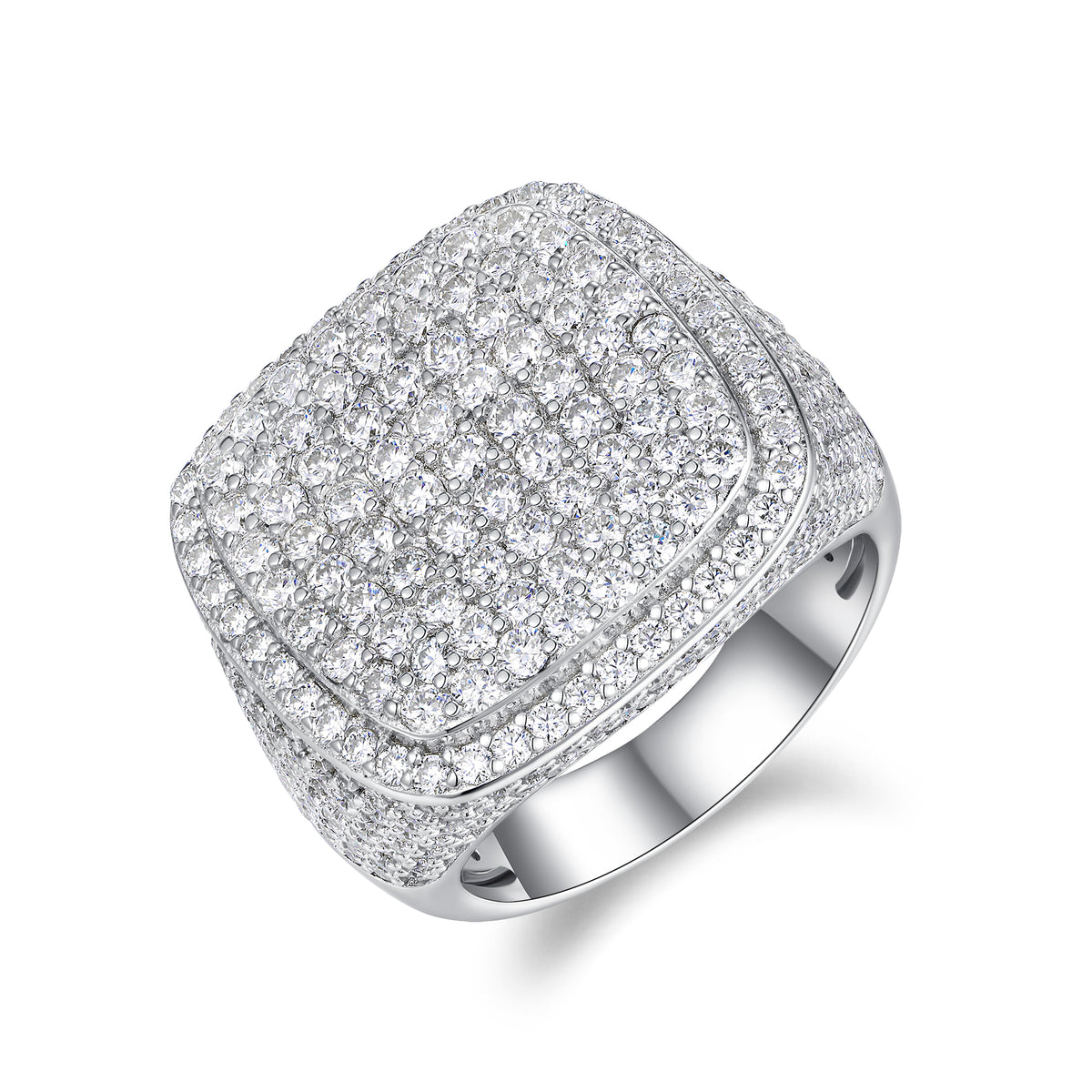 CARISSIE cushion moissanite statement ring, angled view showing tiered pavé setting and polished silver-tone band