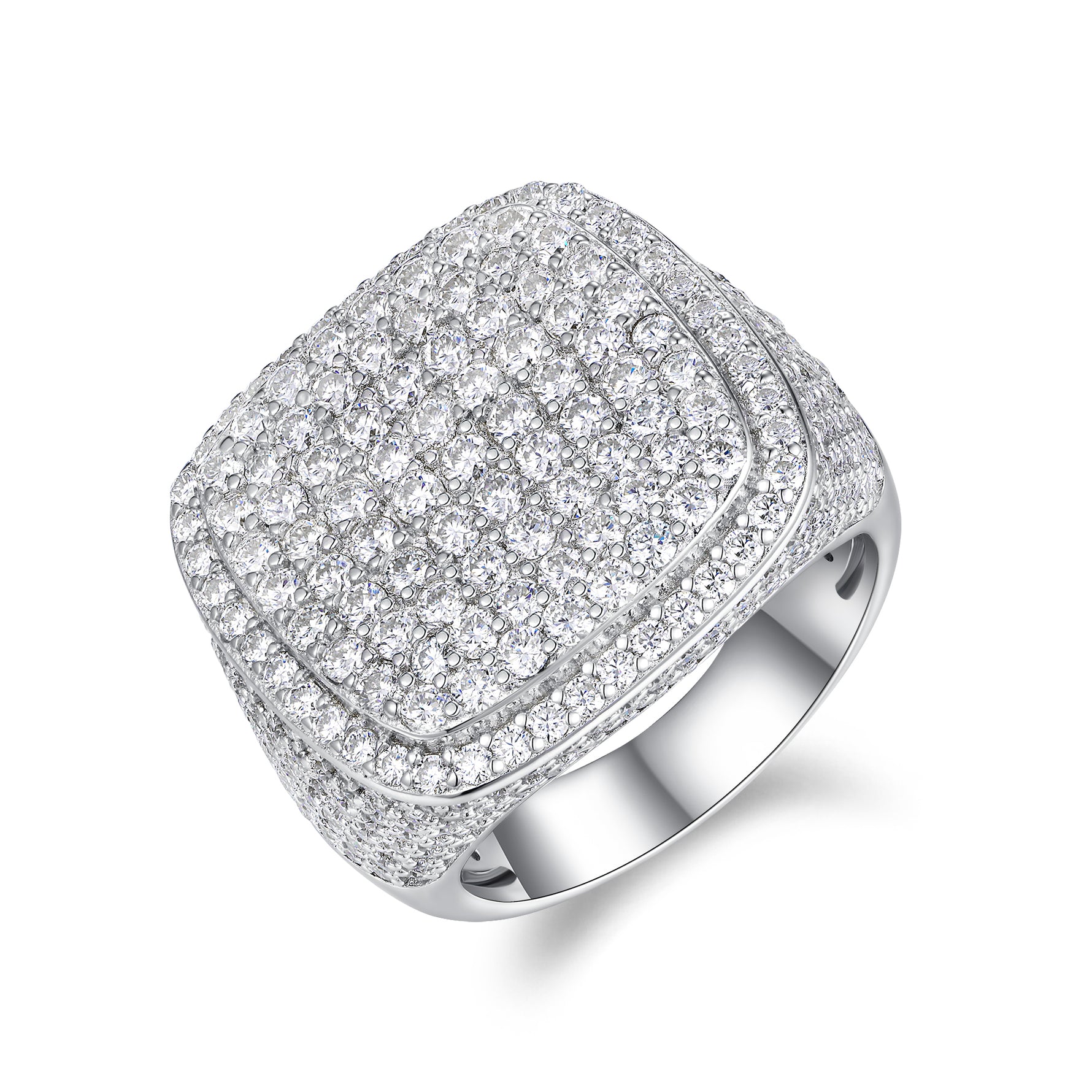 CARISSIE cushion moissanite statement ring, angled view showing tiered pavé setting and polished silver-tone band