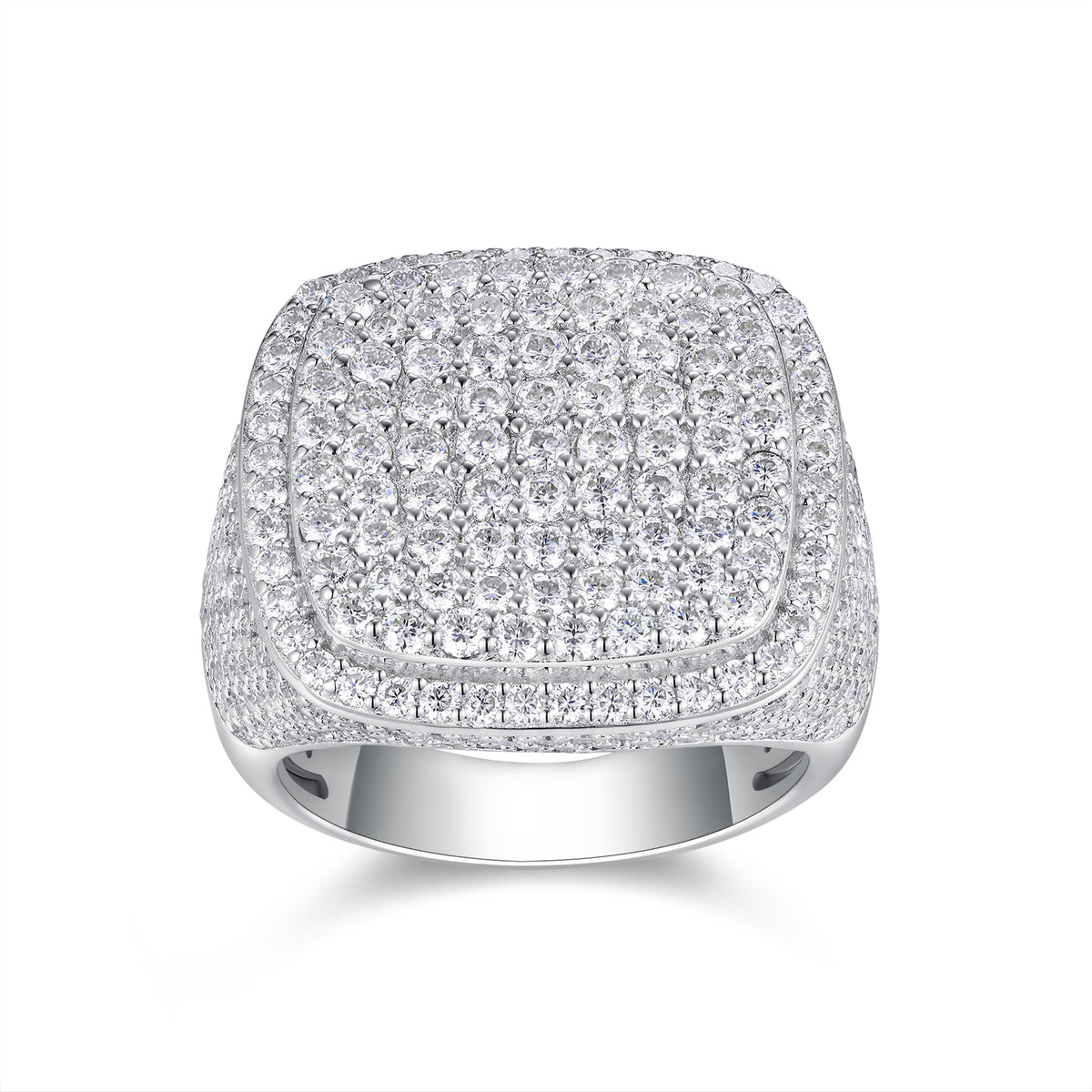 CARISSIE cushion moissanite statement ring, front view highlighting dense round stone coverage and square silhouette