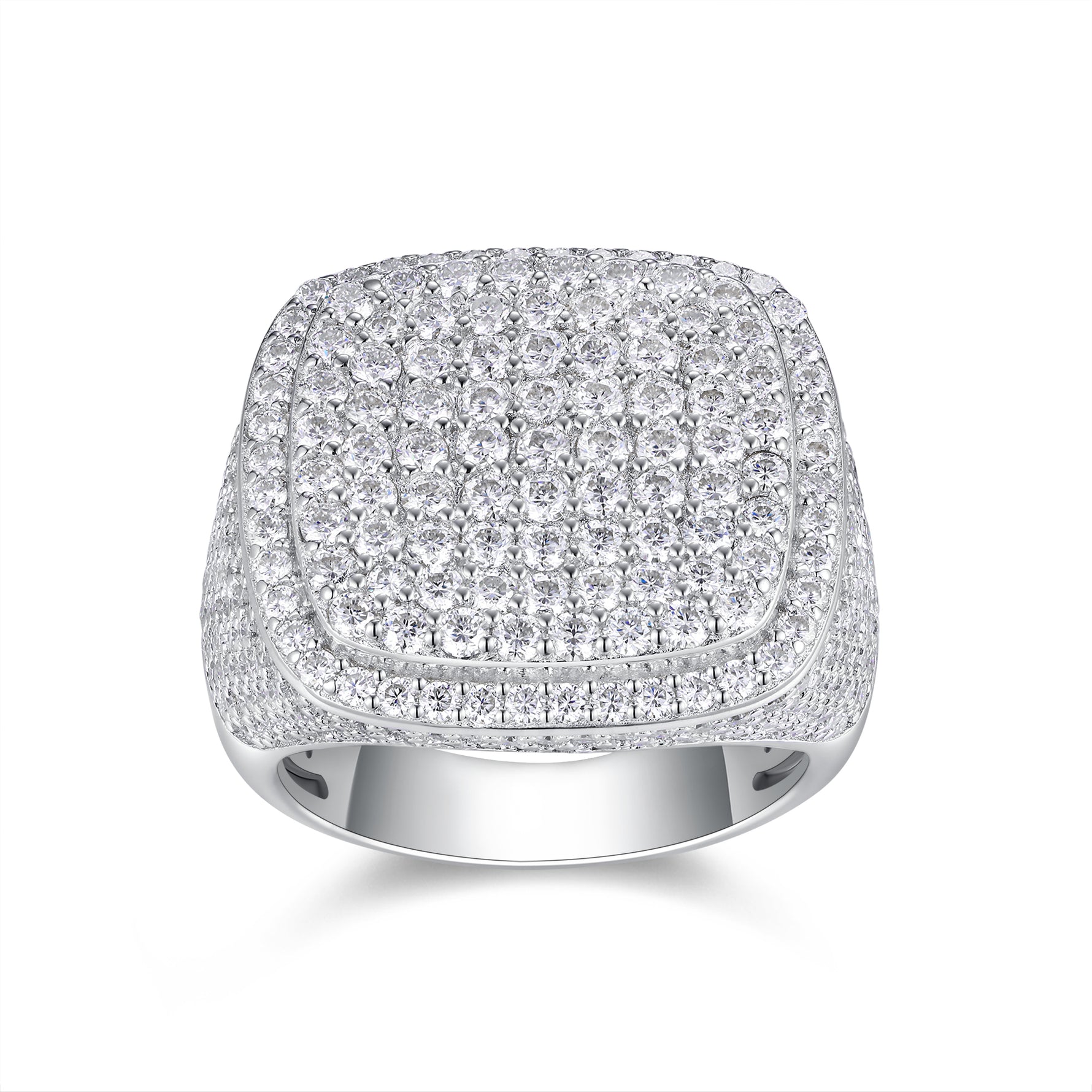 CARISSIE cushion moissanite statement ring, front view highlighting dense round stone coverage and square silhouette