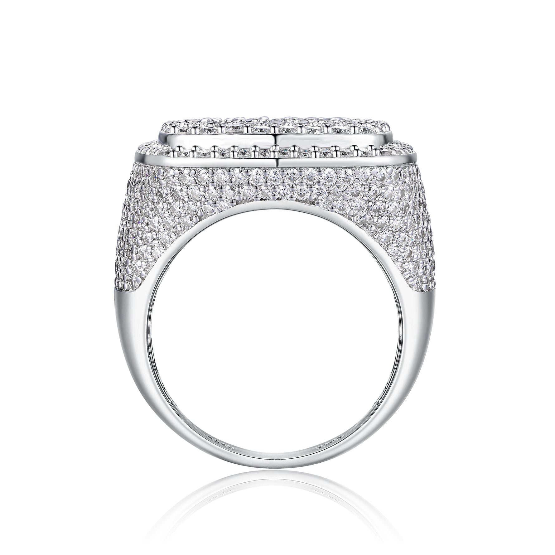 CARISSIE cushion moissanite statement ring, side profile revealing full pavé shank and smooth interior metal finish