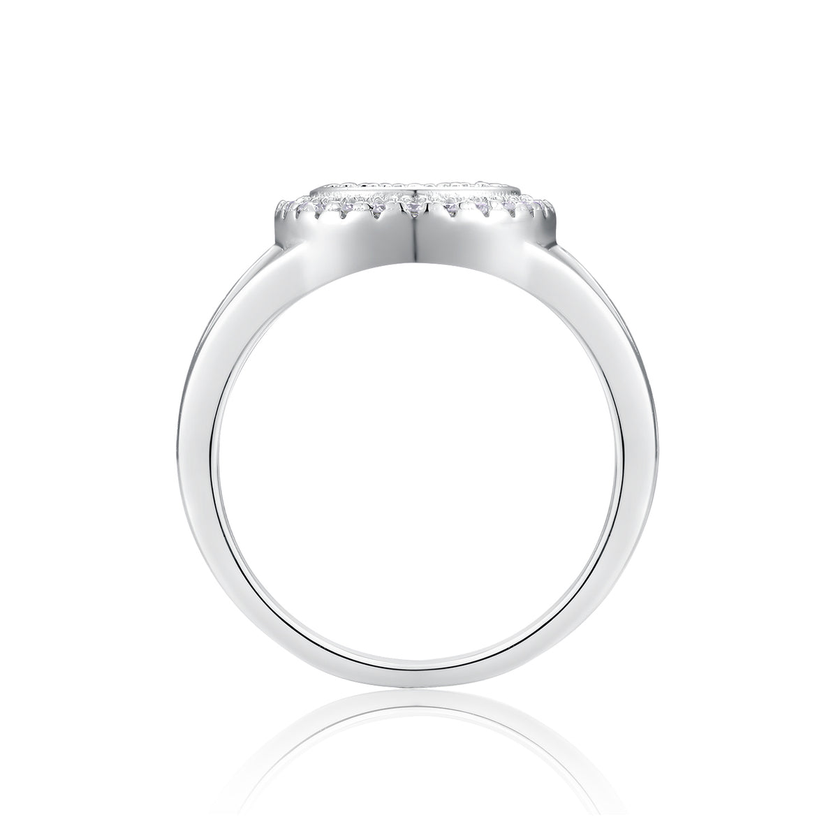 CARISSIE round moissanite halo ring, side profile revealing the height of the setting and smooth polished interior band