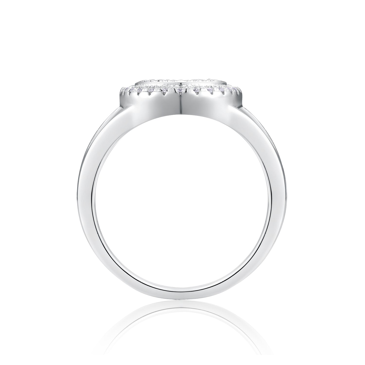CARISSIE round moissanite halo ring, side profile revealing the height of the setting and smooth polished interior band