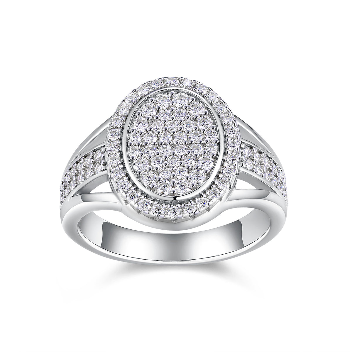 CARISSIE round moissanite halo ring, front view displaying oval face covered in stones and double row shoulders
