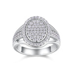 CARISSIE round moissanite halo ring, front view displaying oval face covered in stones and double row shoulders