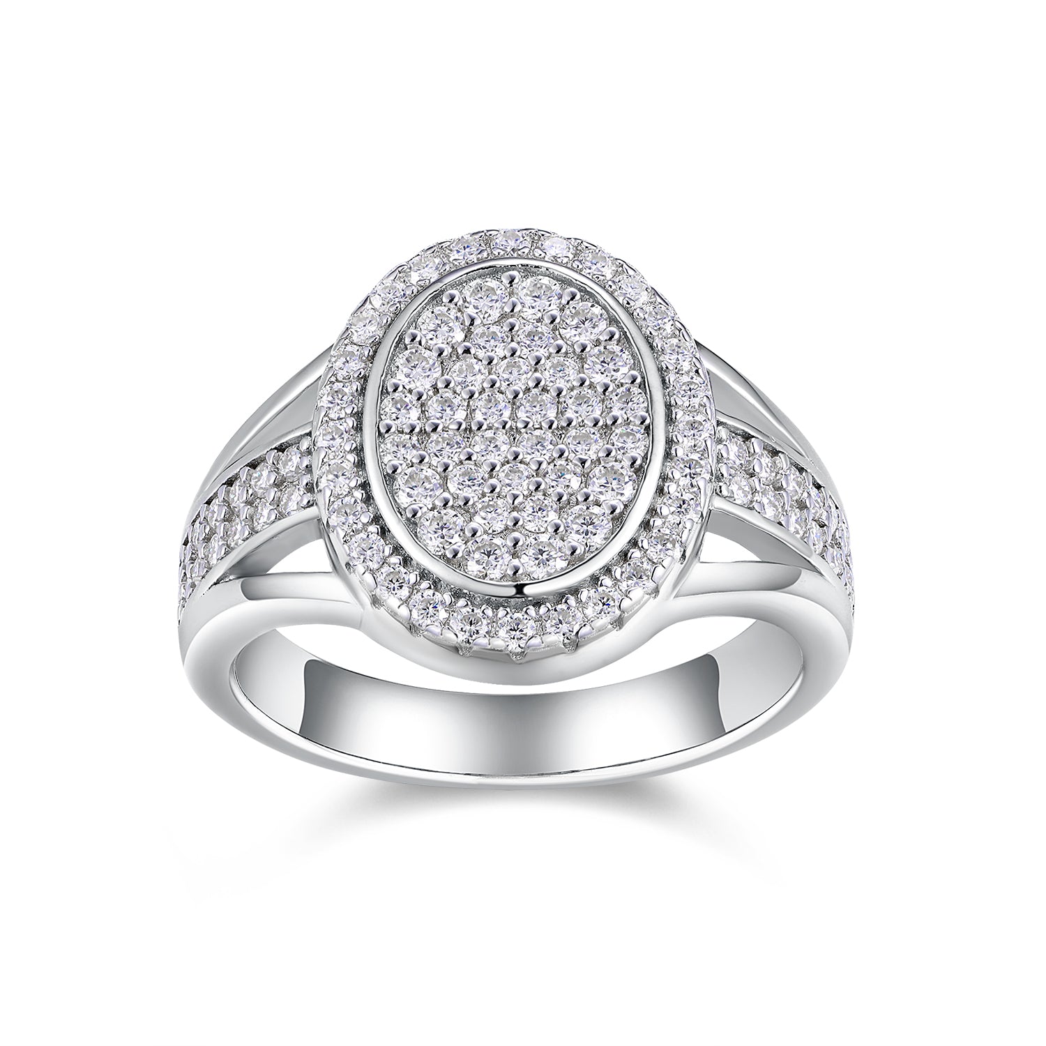 CARISSIE round moissanite halo ring, front view displaying oval face covered in stones and double row shoulders