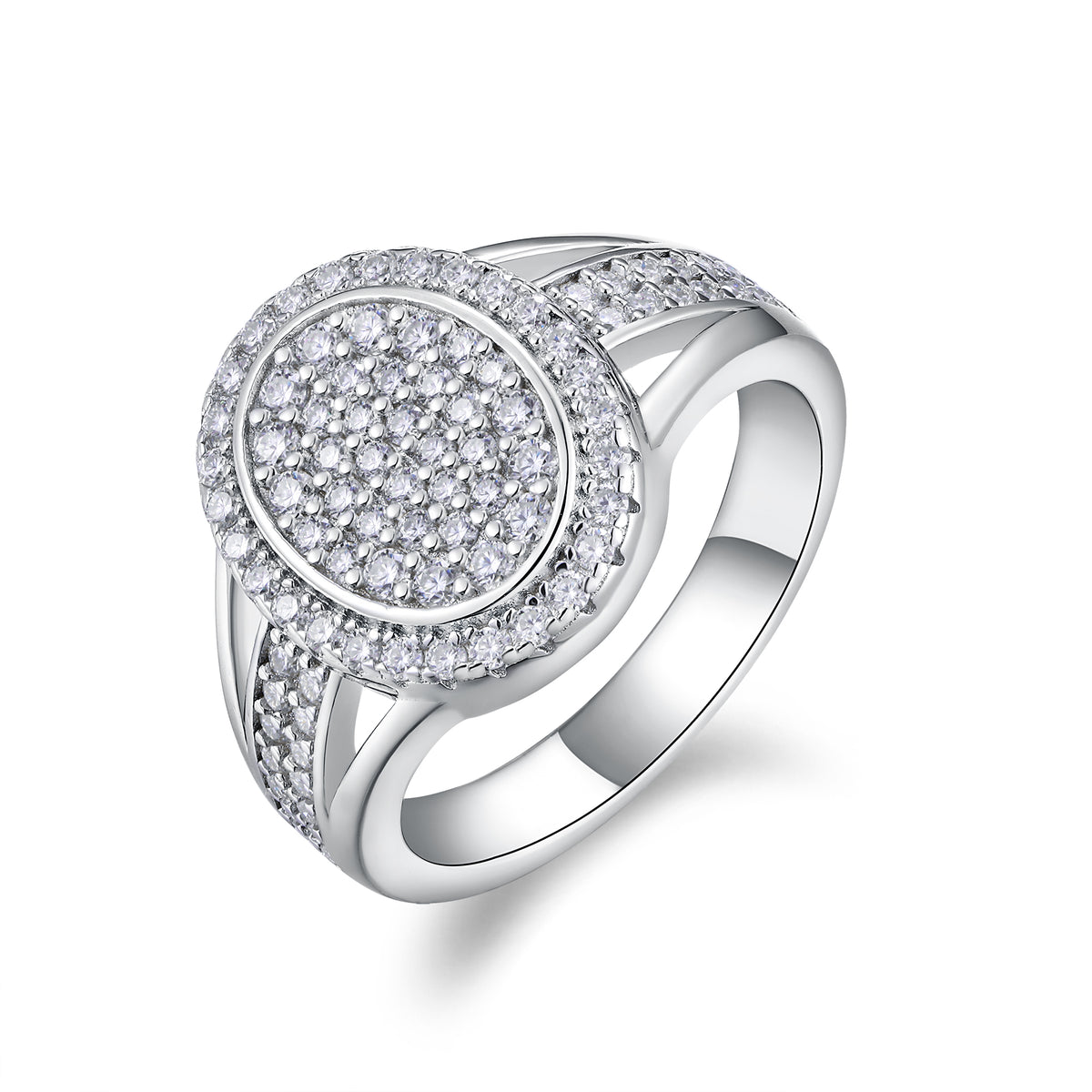 CARISSIE round moissanite halo ring, angled view showing pavé center and split shank band with white metal finish