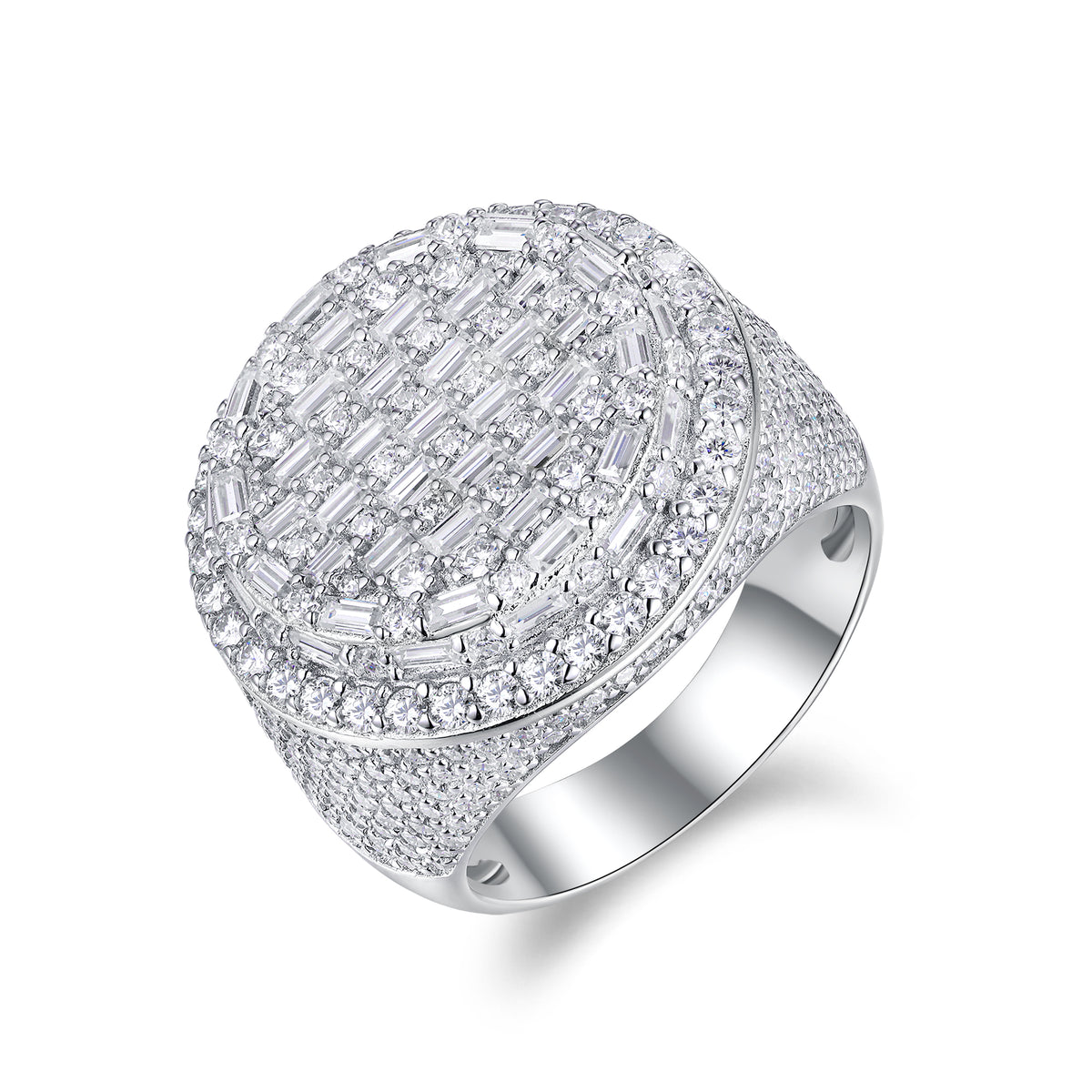 CARISSIE round moissanite statement ring, angled view highlighting the checkerboard baguette and round stone arrangement on a white background
