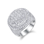 CARISSIE round moissanite statement ring, angled view highlighting the checkerboard baguette and round stone arrangement on a white background