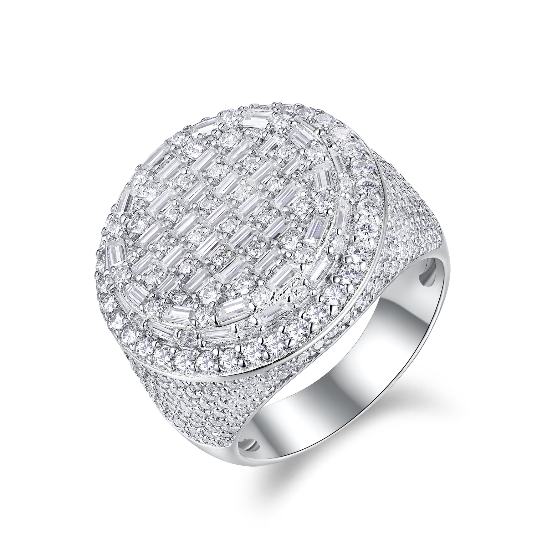 CARISSIE round moissanite statement ring, angled view highlighting the checkerboard baguette and round stone arrangement on a white background