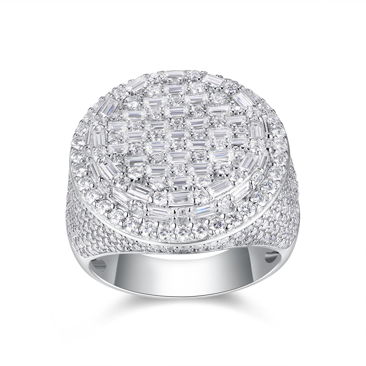 CARISSIE round moissanite statement ring, front view displaying the full dome face with alternating rows of baguette and round brilliant cuts
