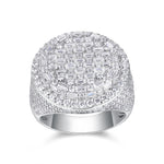 CARISSIE round moissanite statement ring, front view displaying the full dome face with alternating rows of baguette and round brilliant cuts