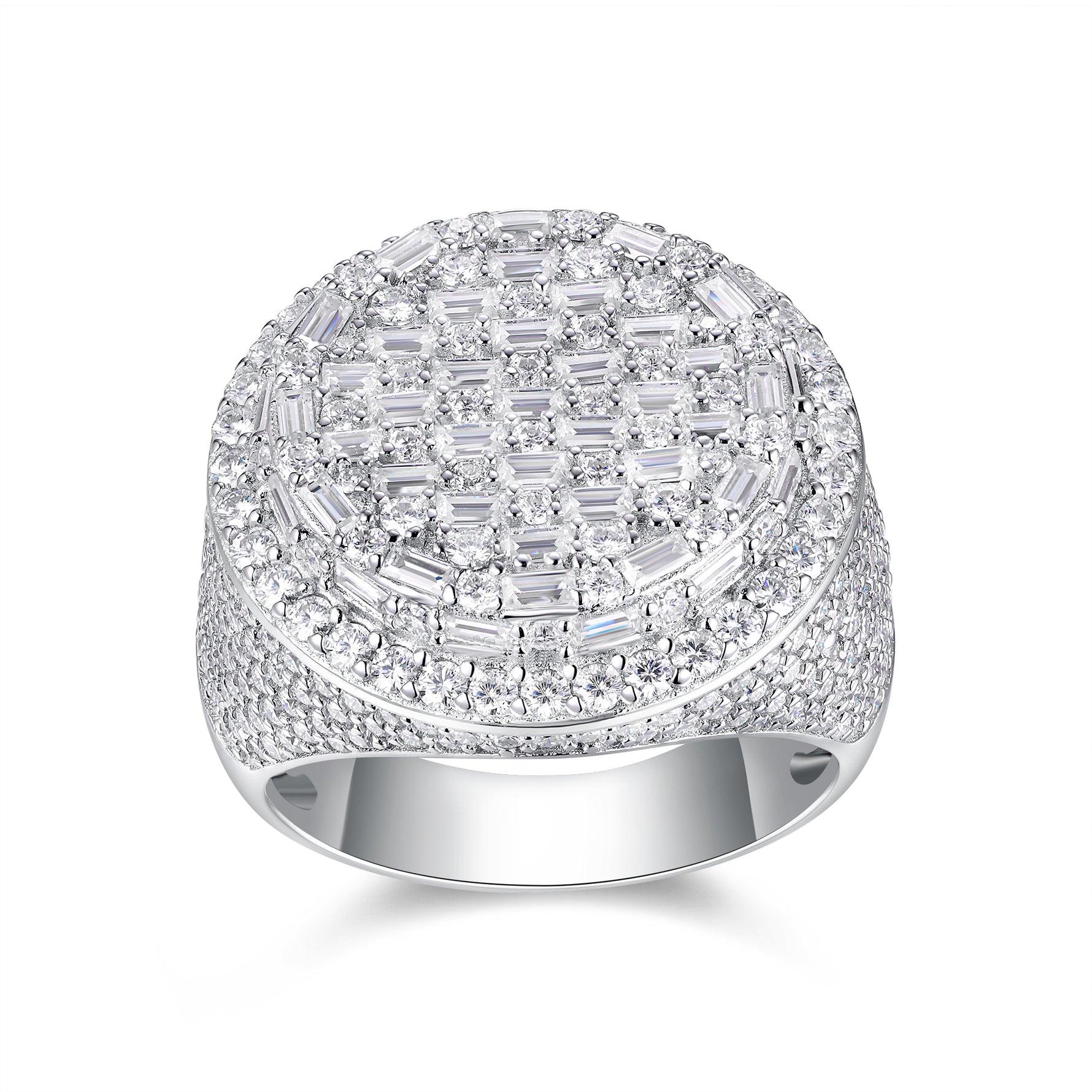 CARISSIE round moissanite statement ring, front view displaying the full dome face with alternating rows of baguette and round brilliant cuts