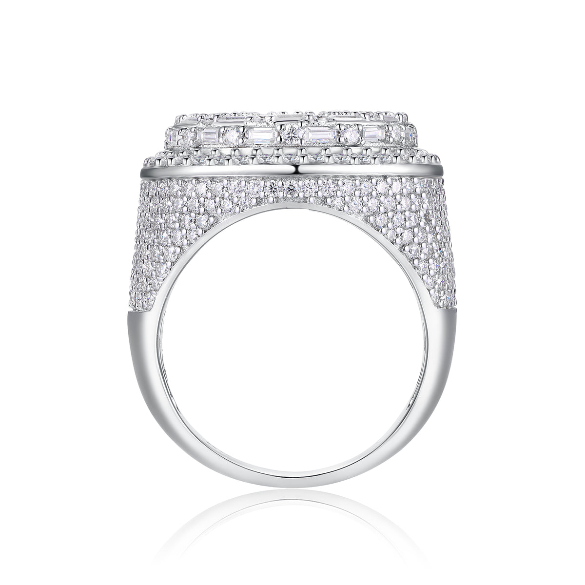 CARISSIE round moissanite statement ring, side profile showing the heavy pavé setting extending down the shoulders to the smooth polished band