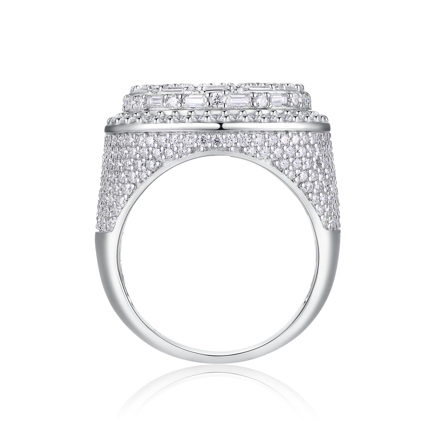 CARISSIE round moissanite statement ring, side profile showing the heavy pavé setting extending down the shoulders to the smooth polished band
