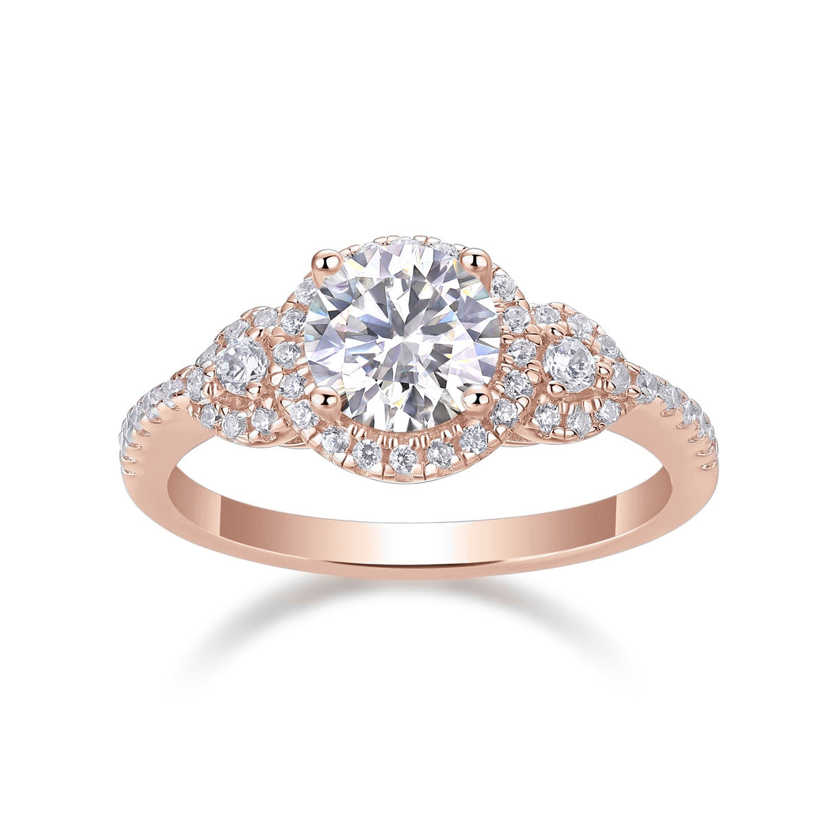 Adalyn Round Moissanite Vintage Three Stone Engagement Ring in 18K rose gold plating, front view