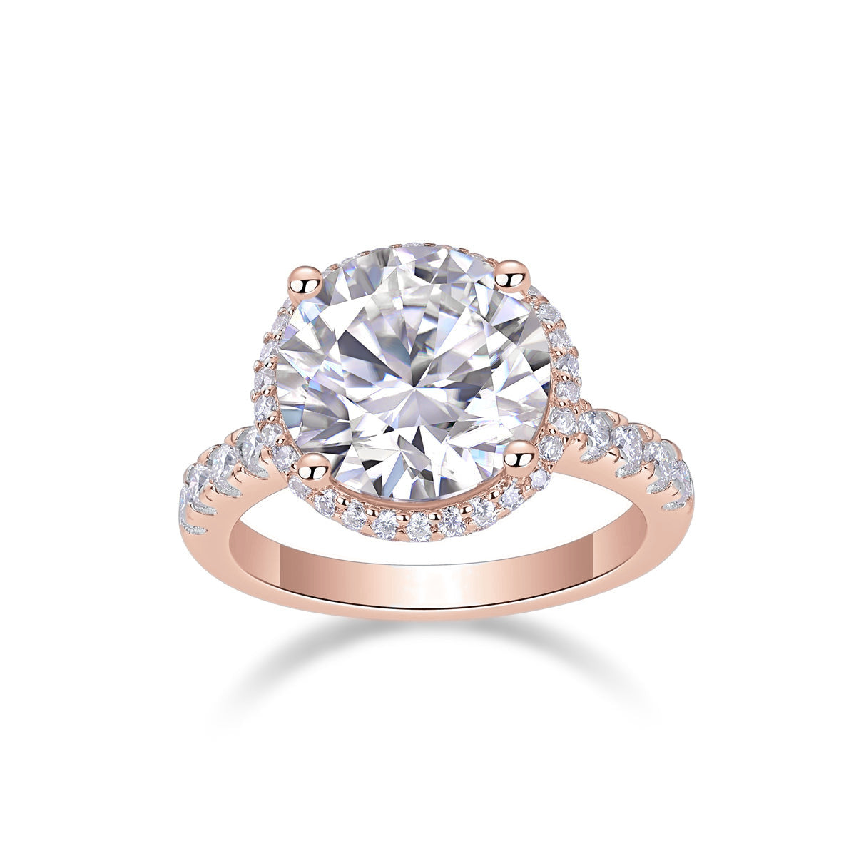 Adriana Round Moissanite Halo Engagement Ring in 18K rose gold plating, front view