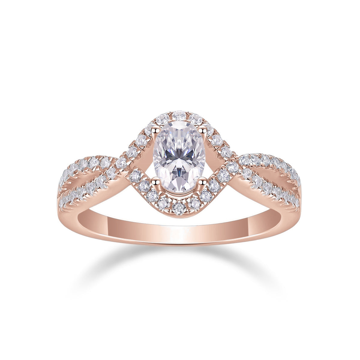 Aileen Oval Moissanite Twist Halo Engagement Ring in 18K rose gold plating, front view