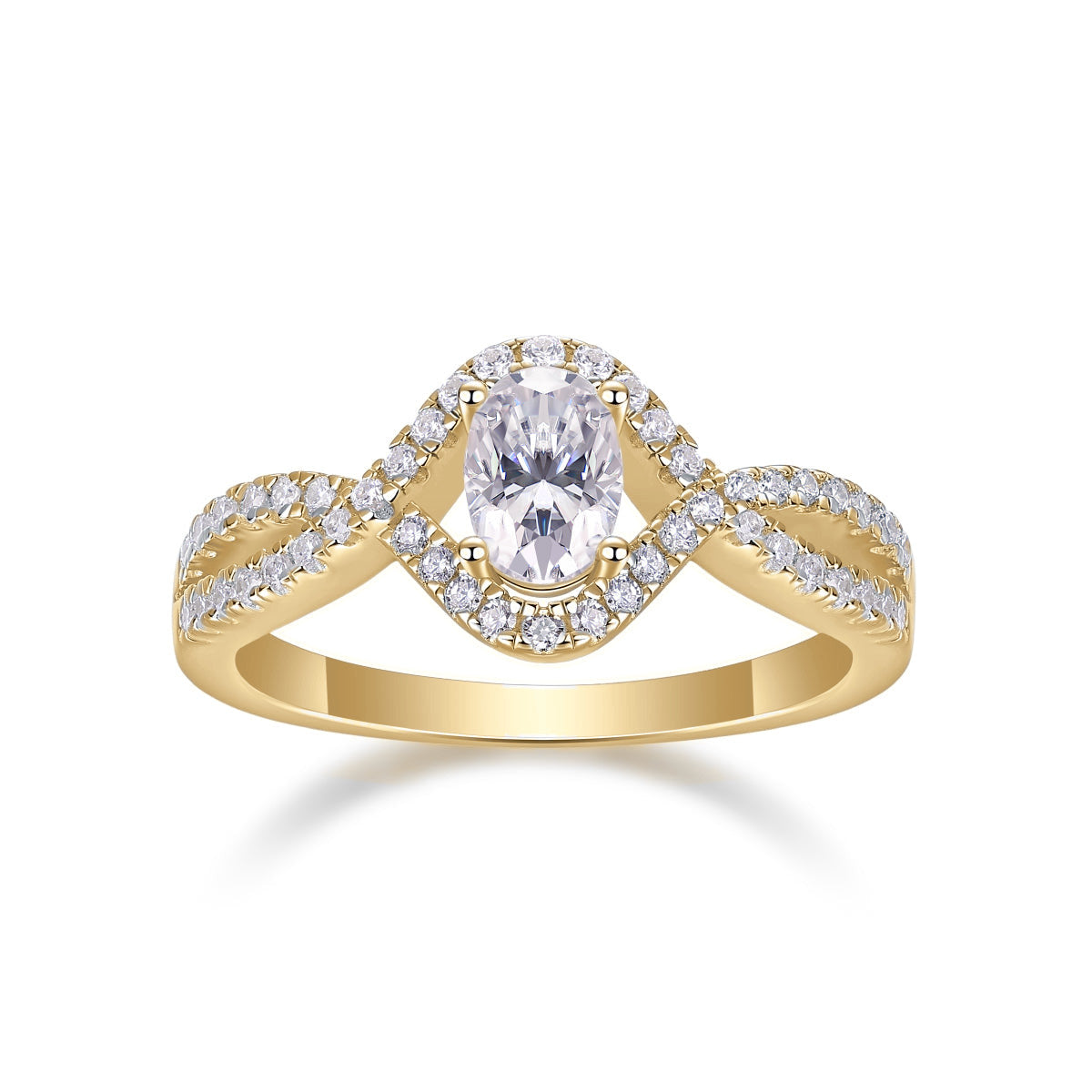 Aileen Oval Moissanite Twist Halo Engagement Ring in 18K yellow gold plating, front view