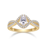 Aileen Oval Moissanite Twist Halo Engagement Ring in 18K yellow gold plating, front view