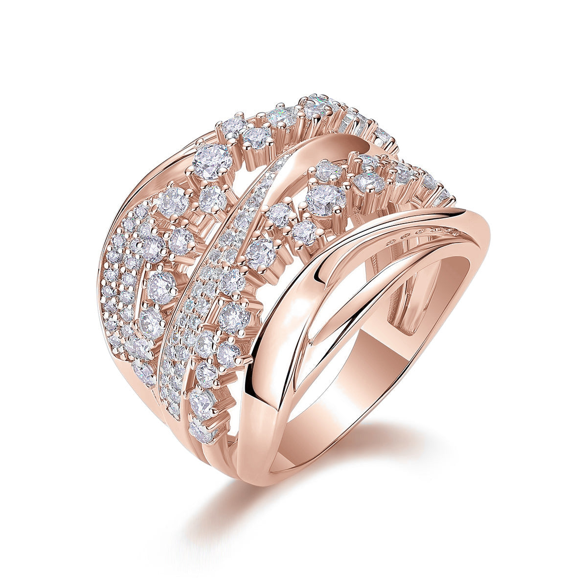 Alana Moissanite Wave Crossover Cocktail Ring in 18K rose gold plating