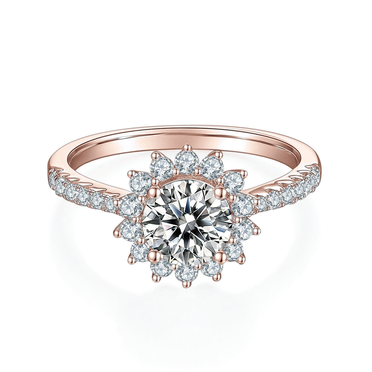 Alba Round Moissanite Sunflower Halo Engagement Ring 1 ct in 18K rose gold plating, front view